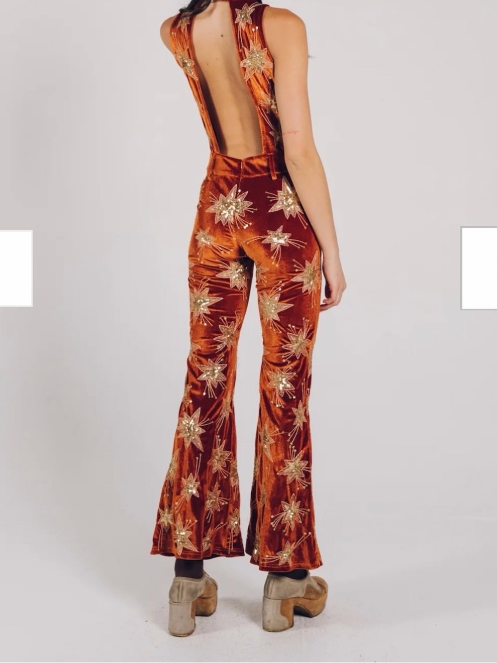 Sleeveless Rust Velvet Star Embroidered Cutout Jumpsuit - Picture 5 of 6